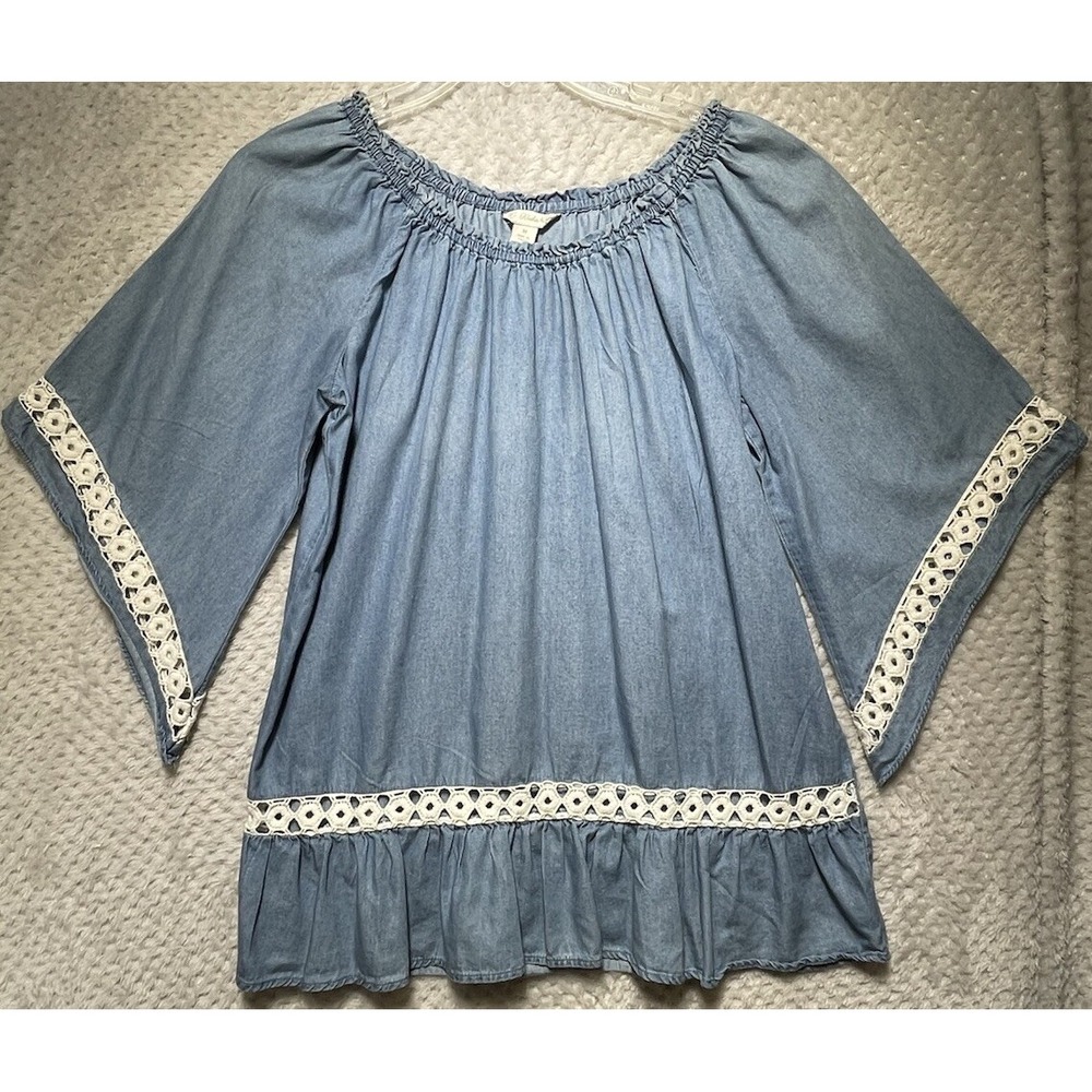 KC Khakis & Co‎ Boho Peasant Top Size M Blue Denim Lace Bohemian